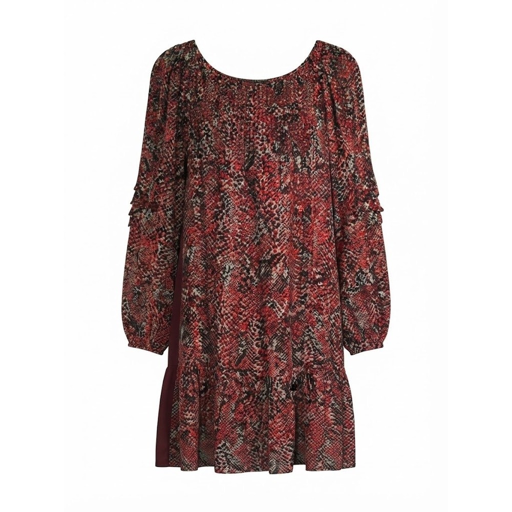 Nicholas Dress Womens Red Snakeskin Print Mini Long Sleeve Ruffle Bohemian